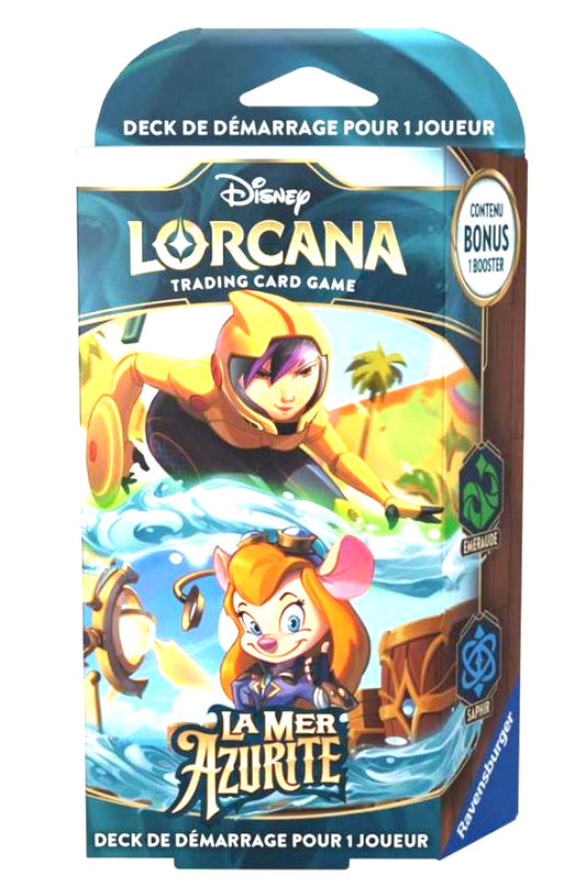 Un Starter Saphir & Emeraude. Ce paquet préconstruit de 60 cartes vous permet de vous lancer immédiatement dans une partie de Lorcana !